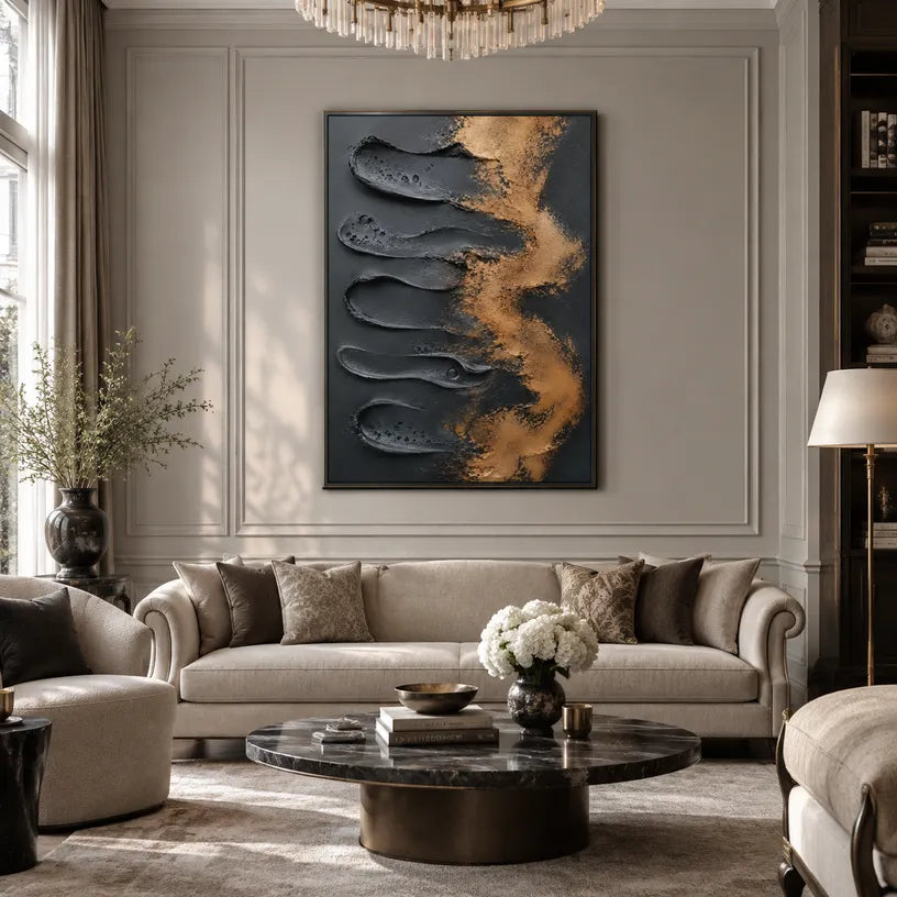 Wabi-Sabi abstract oil painting showing layered abstract marks, texture and expressive painterly movement in a blue palette.