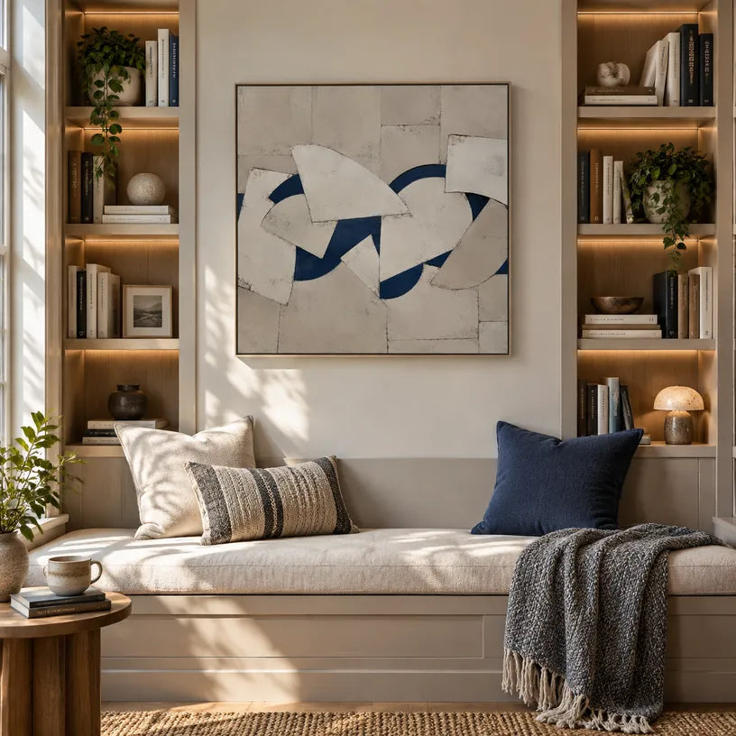 Wabi-Sabi abstract oil painting showing layered abstract marks, texture and expressive painterly movement in a brown palette.