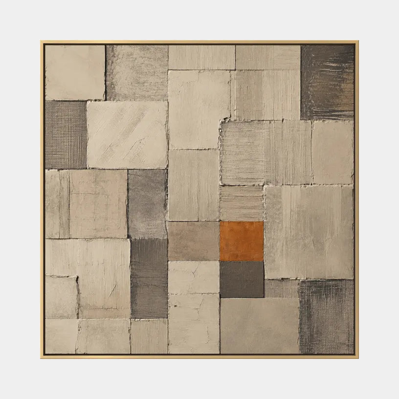 Wabi-Sabi abstract oil painting showing layered abstract marks, texture and expressive painterly movement in a brown palette.