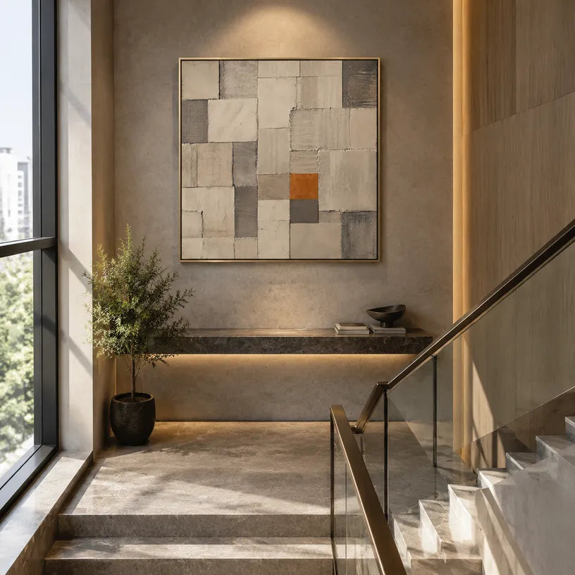 Wabi-Sabi abstract oil painting showing layered abstract marks, texture and expressive painterly movement in a brown palette.