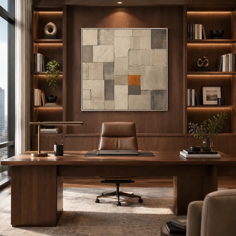Wabi-Sabi abstract oil painting showing layered abstract marks, texture and expressive painterly movement in a brown palette.