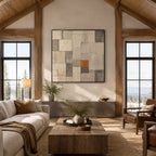 Wabi-Sabi abstract oil painting showing layered abstract marks, texture and expressive painterly movement in a brown palette.