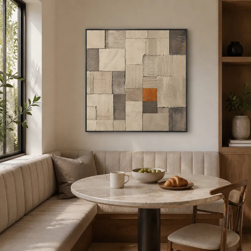 Wabi-Sabi abstract oil painting showing layered abstract marks, texture and expressive painterly movement in a brown palette.