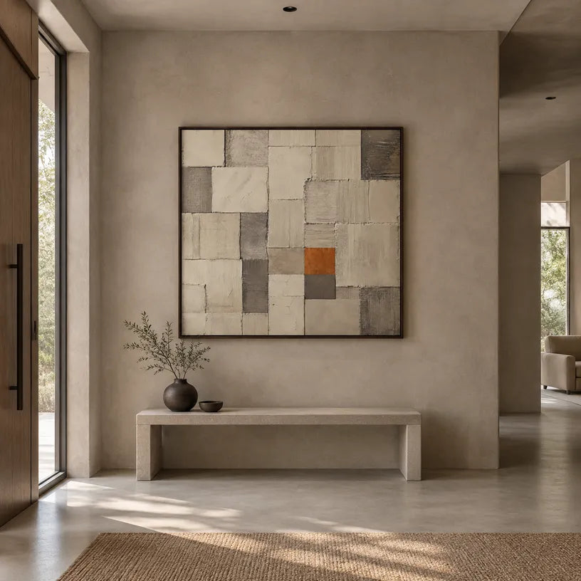 Wabi-Sabi abstract oil painting showing layered abstract marks, texture and expressive painterly movement in a brown palette.