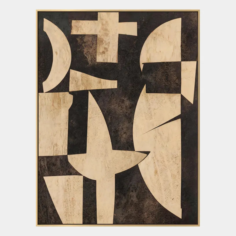 Wabi-Sabi abstract oil painting showing layered abstract marks, texture and expressive painterly movement in a brown palette.