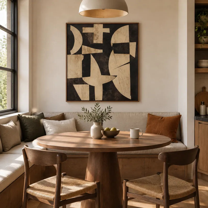 Wabi-Sabi abstract oil painting showing layered abstract marks, texture and expressive painterly movement in a brown palette.