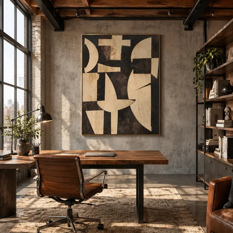 Wabi-Sabi abstract oil painting showing layered abstract marks, texture and expressive painterly movement in a brown palette.