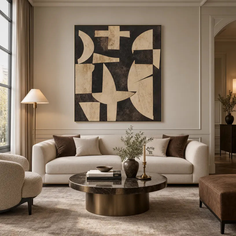 Wabi-Sabi abstract oil painting showing layered abstract marks, texture and expressive painterly movement in a brown palette.