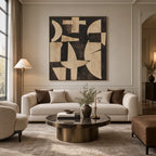 Wabi-Sabi abstract oil painting showing layered abstract marks, texture and expressive painterly movement in a brown palette.