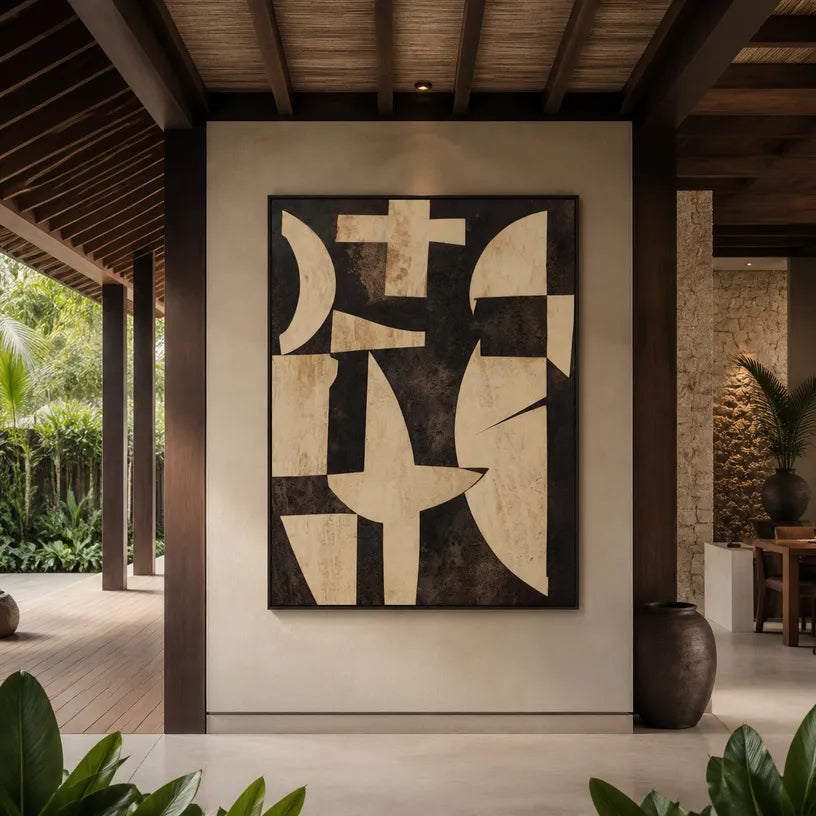 Wabi-Sabi abstract oil painting showing layered abstract marks, texture and expressive painterly movement in a brown palette.