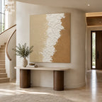 Wabi-Sabi abstract oil painting showing layered abstract marks, texture and expressive painterly movement in a beige palette.