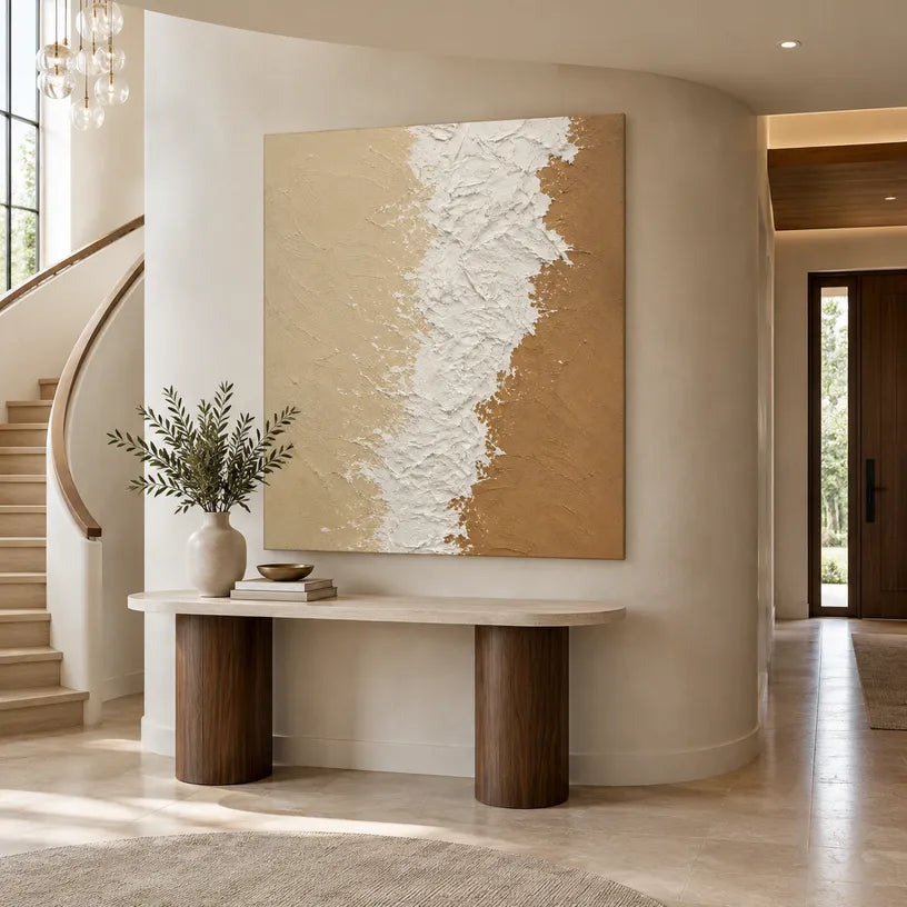 Wabi-Sabi abstract oil painting showing layered abstract marks, texture and expressive painterly movement in a beige palette.