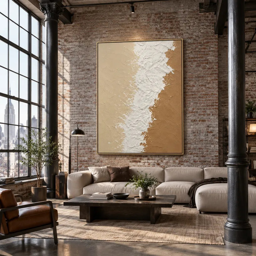 Wabi-Sabi abstract oil painting showing layered abstract marks, texture and expressive painterly movement in a beige palette.