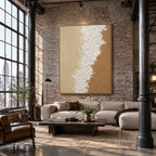 Wabi-Sabi abstract oil painting showing layered abstract marks, texture and expressive painterly movement in a beige palette.