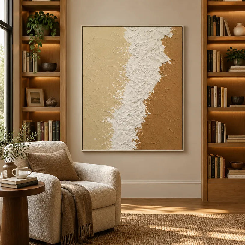 Wabi-Sabi abstract oil painting showing layered abstract marks, texture and expressive painterly movement in a beige palette.