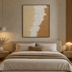 Wabi-Sabi abstract oil painting showing layered abstract marks, texture and expressive painterly movement in a beige palette.