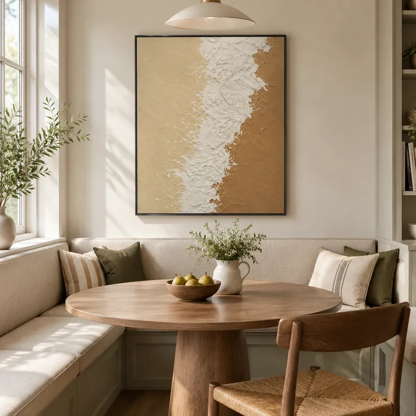 Wabi-Sabi abstract oil painting showing layered abstract marks, texture and expressive painterly movement in a beige palette.