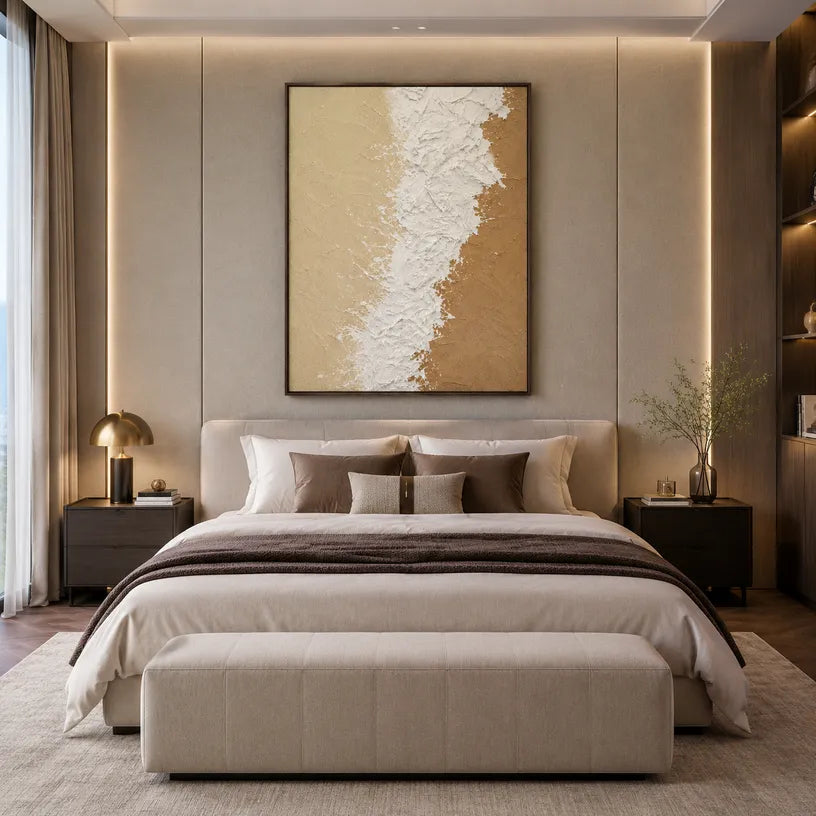 Wabi-Sabi abstract oil painting showing layered abstract marks, texture and expressive painterly movement in a beige palette.