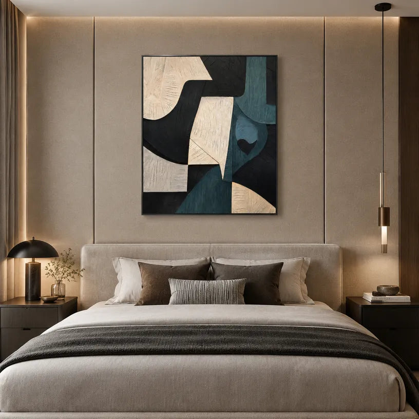 Wabi-Sabi abstract oil painting showing layered abstract marks, texture and expressive painterly movement in a black palette.
