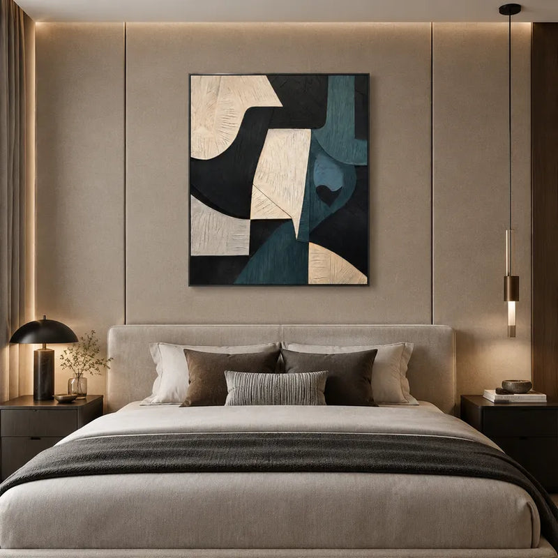 Pintura al óleo abstracta y conceptual Wabi-Sabi que presenta marcas abstractas en capas, textura y movimiento pictórico expresivo.