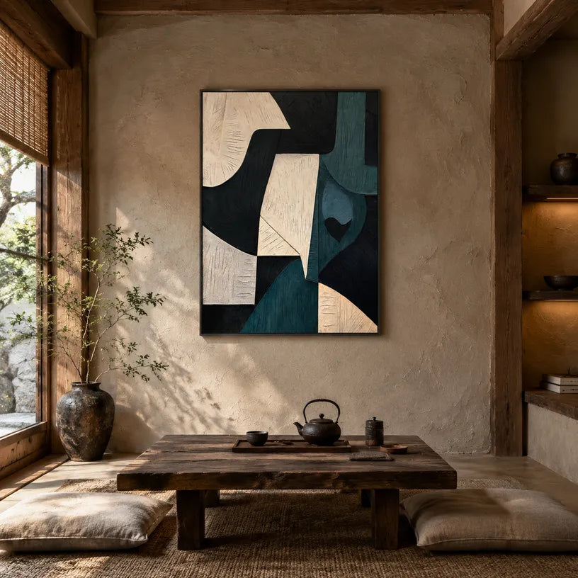 Wabi-Sabi abstract oil painting showing layered abstract marks, texture and expressive painterly movement in a black palette.