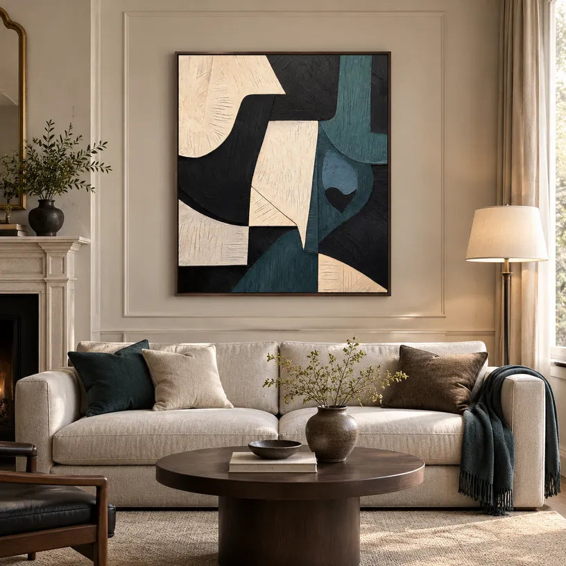 Wabi-Sabi abstract oil painting showing layered abstract marks, texture and expressive painterly movement in a black palette.