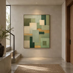 Wabi-Sabi abstract oil painting showing layered abstract marks, texture and expressive painterly movement in a yellow palette.