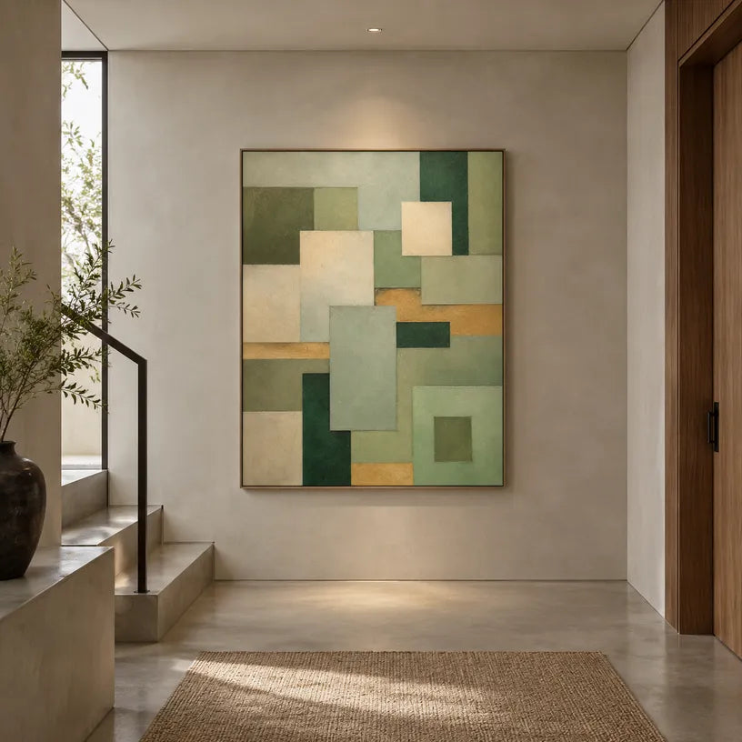 Wabi-Sabi abstract oil painting showing layered abstract marks, texture and expressive painterly movement in a yellow palette.