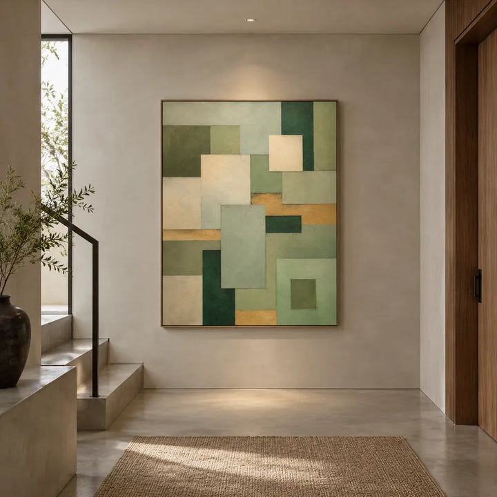 Pittura a olio astratta e concettuale Wabi-Sabi con segni astratti stratificati, consistenza e movimento pittorico espressivo in una tavolozza verde.