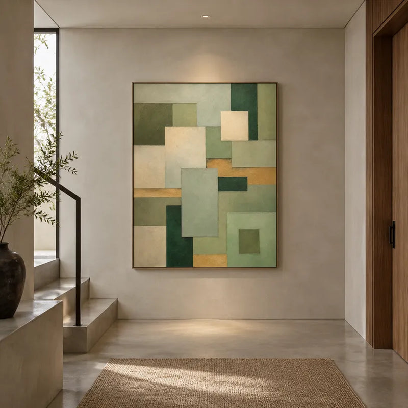 Peinture à l'huile abstraite et conceptuelle Wabi-Sabi présentant des marques abstraites superposées, une texture et un mouvement pictural expressif dans une palette verte.