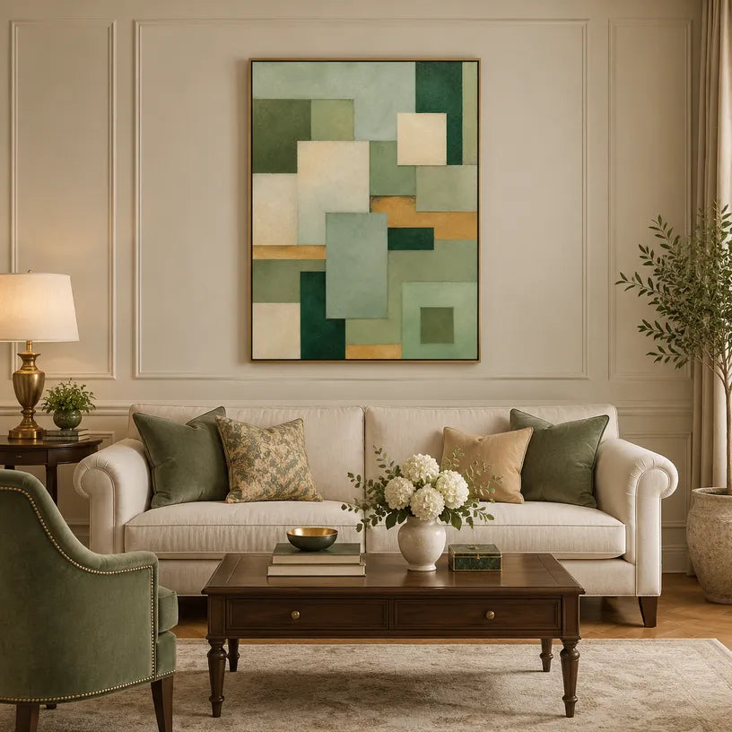 Wabi-Sabi abstract oil painting showing layered abstract marks, texture and expressive painterly movement in a yellow palette.
