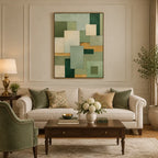 Wabi-Sabi abstract oil painting showing layered abstract marks, texture and expressive painterly movement in a yellow palette.