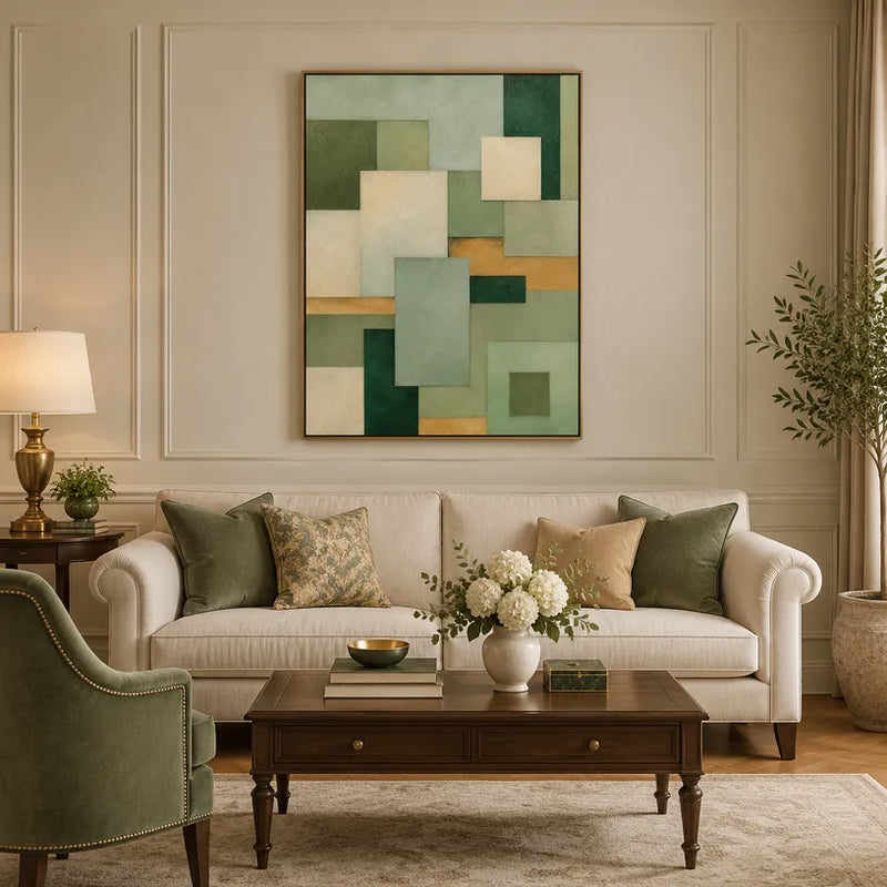 Peinture à l'huile abstraite et conceptuelle Wabi-Sabi présentant des marques abstraites superposées, une texture et un mouvement pictural expressif dans une palette verte.