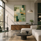 Wabi-Sabi abstract oil painting showing layered abstract marks, texture and expressive painterly movement in a yellow palette.
