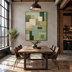 Wabi-Sabi abstract oil painting showing layered abstract marks, texture and expressive painterly movement in a yellow palette.