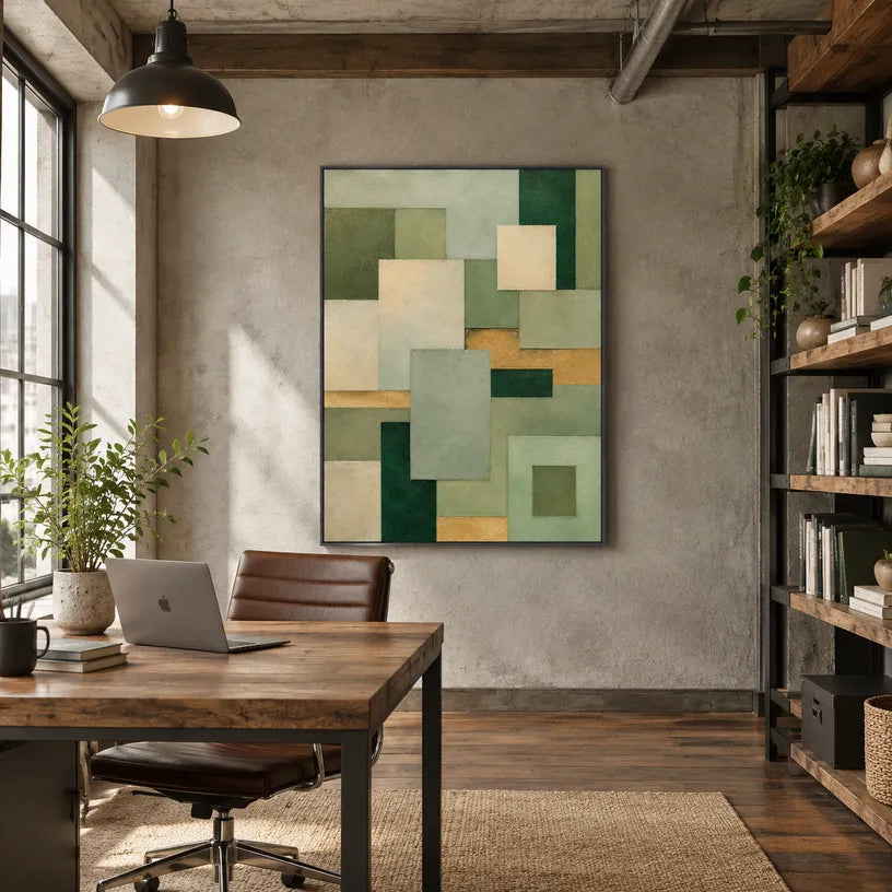 Wabi-Sabi abstract oil painting showing layered abstract marks, texture and expressive painterly movement in a yellow palette.