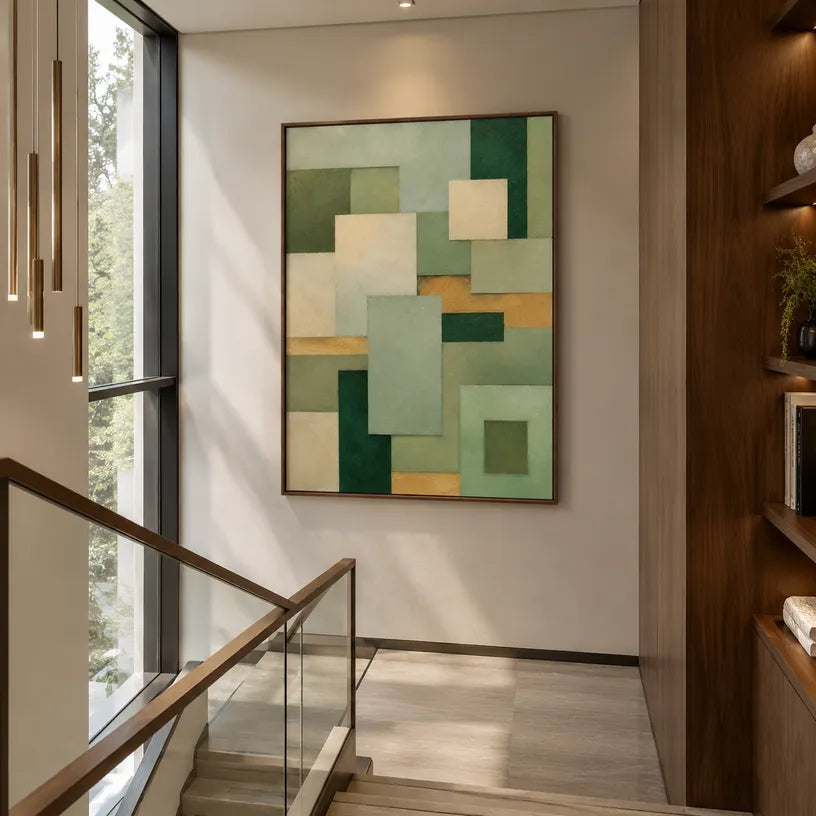 Wabi-Sabi abstract oil painting showing layered abstract marks, texture and expressive painterly movement in a yellow palette.