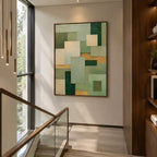 Wabi-Sabi abstract oil painting showing layered abstract marks, texture and expressive painterly movement in a yellow palette.