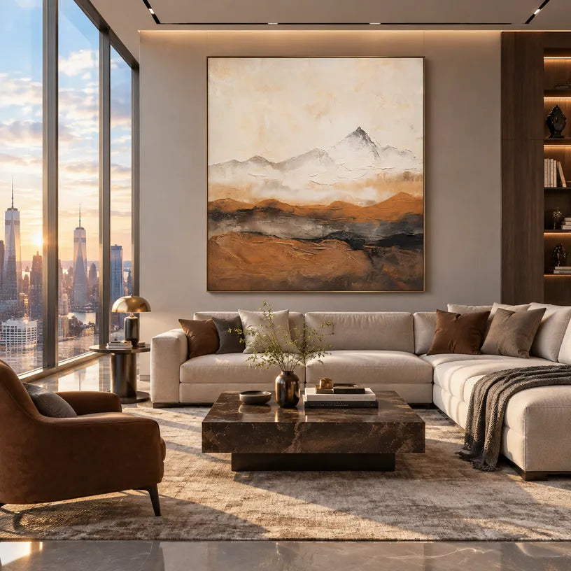 Wabi-Sabi abstract oil painting showing layered abstract marks, texture and expressive painterly movement in a beige palette.