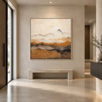 Wabi-Sabi abstract oil painting showing layered abstract marks, texture and expressive painterly movement in a beige palette.