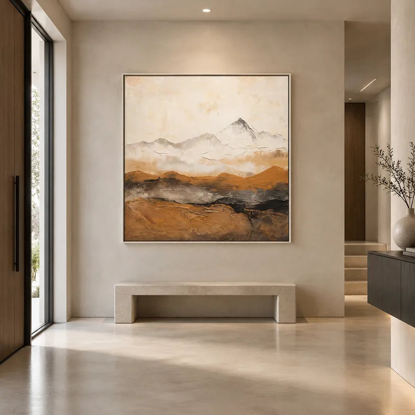Wabi-Sabi abstract oil painting showing layered abstract marks, texture and expressive painterly movement in a beige palette.