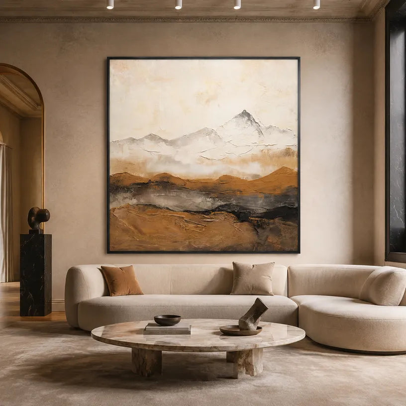 Wabi-Sabi abstract oil painting showing layered abstract marks, texture and expressive painterly movement in a beige palette.
