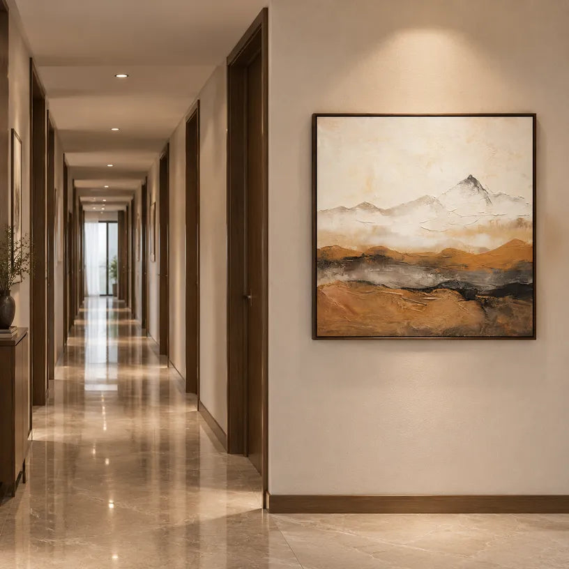 Wabi-Sabi abstract oil painting showing layered abstract marks, texture and expressive painterly movement in a beige palette.
