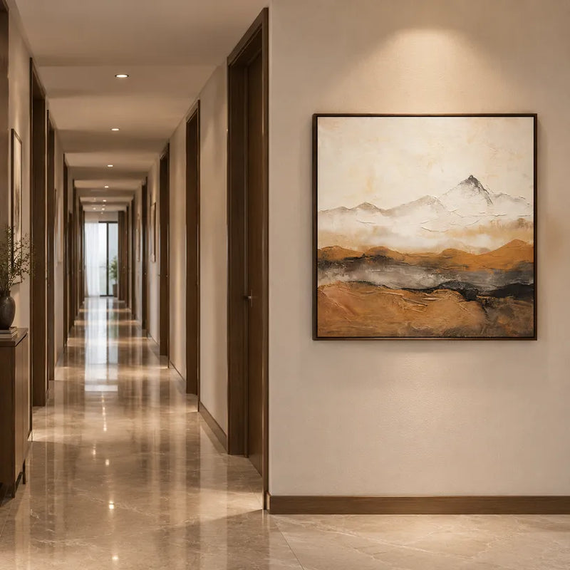 Peinture à l'huile de paysages, de marines et de paysages urbains Wabi-Sabi présentant un paysage atmosphérique, un paysage marin ou une composition inspirée de la ville dans une palette brune.