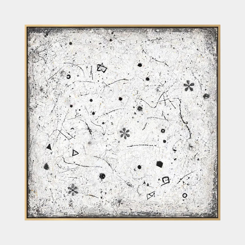 Peinture à l'huile abstraite et conceptuelle Wabi-Sabi présentant des marques abstraites superposées, une texture et un mouvement pictural expressif dans une palette noir et blanc.