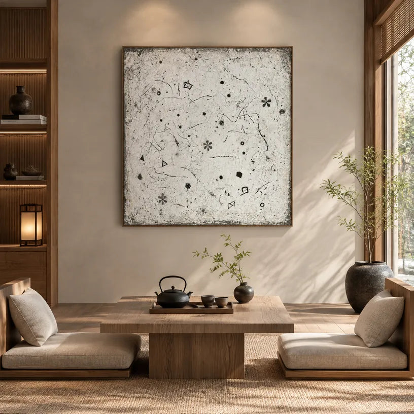 Wabi-Sabi abstract oil painting showing layered abstract marks, texture and expressive painterly movement.