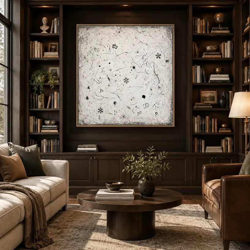 Wabi-Sabi abstract oil painting showing layered abstract marks, texture and expressive painterly movement.