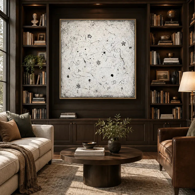 Peinture à l'huile abstraite et conceptuelle Wabi-Sabi présentant des marques abstraites superposées, une texture et un mouvement pictural expressif dans une palette noir et blanc.