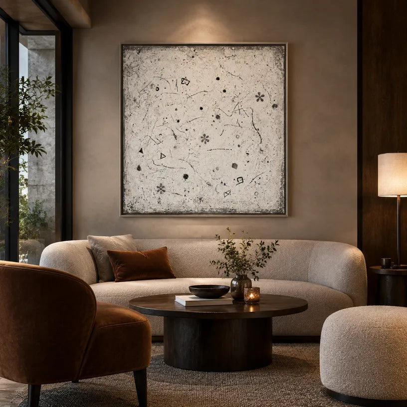 Wabi-Sabi abstract oil painting showing layered abstract marks, texture and expressive painterly movement.
