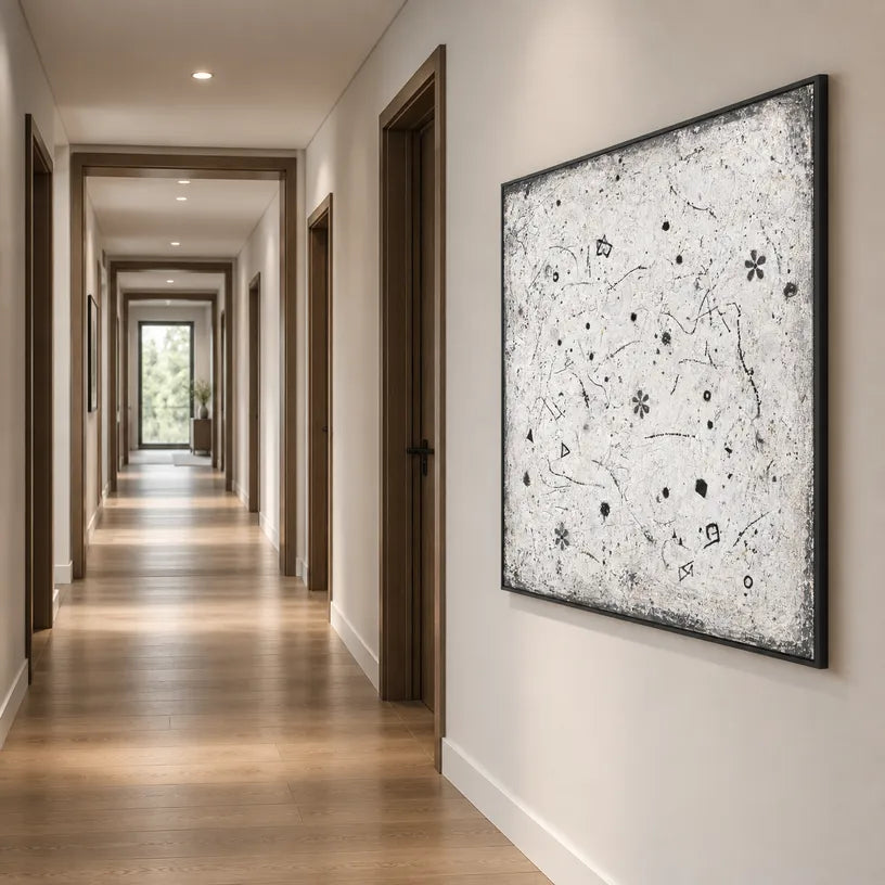 Wabi-Sabi abstract oil painting showing layered abstract marks, texture and expressive painterly movement.